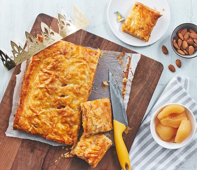 Galette des rois with almond cream, pears and caramel