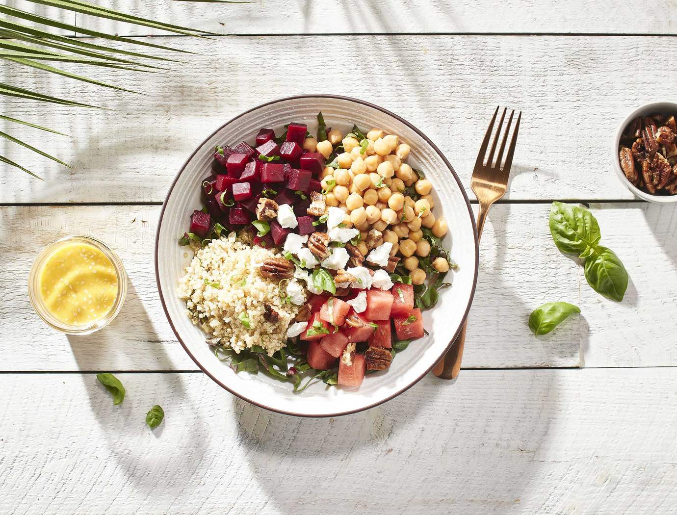 Chickpeas and beets veggie bowl with watermelon