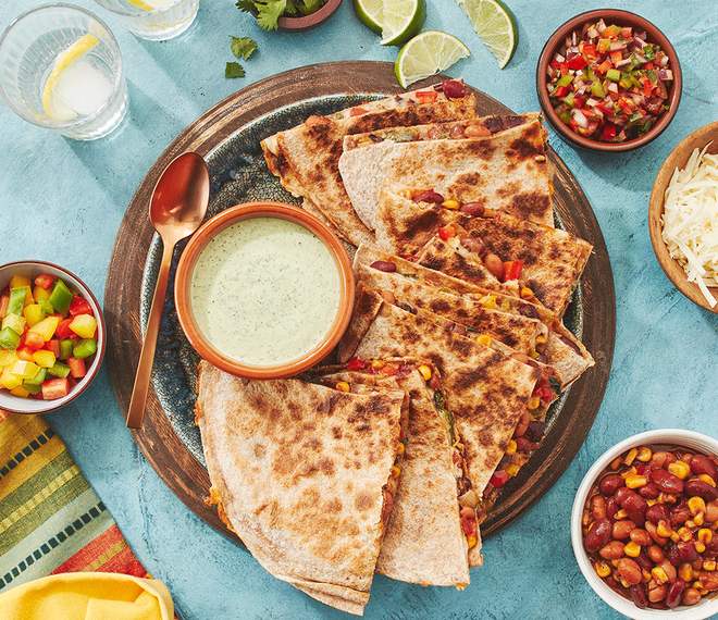 Quesadillas with southwest-style bean salad