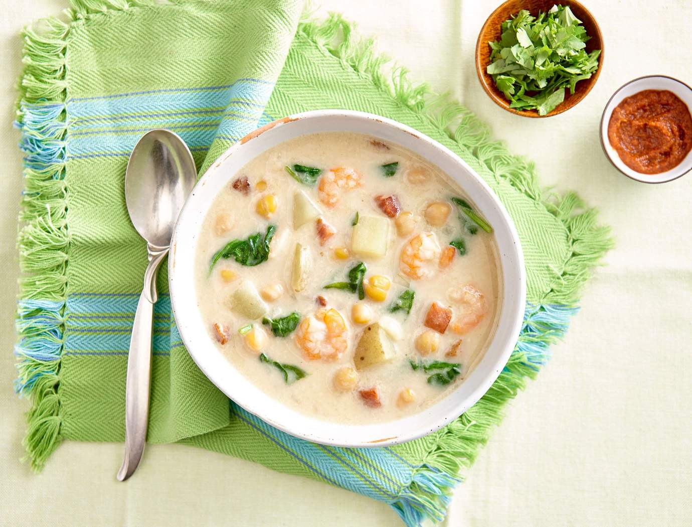 Chickpea chowder with shrimp and chorizo