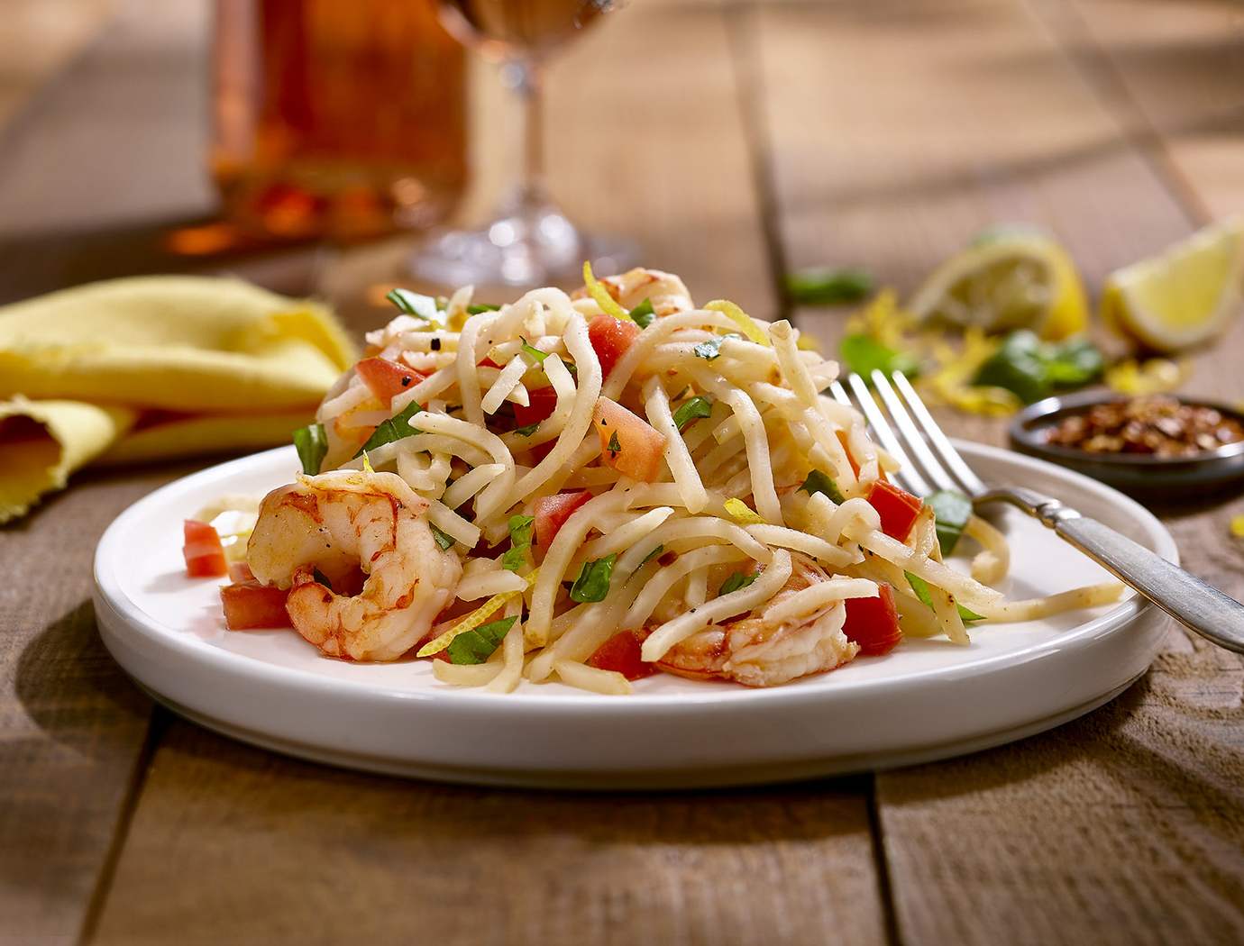 Celery root spaghetti with shrimp