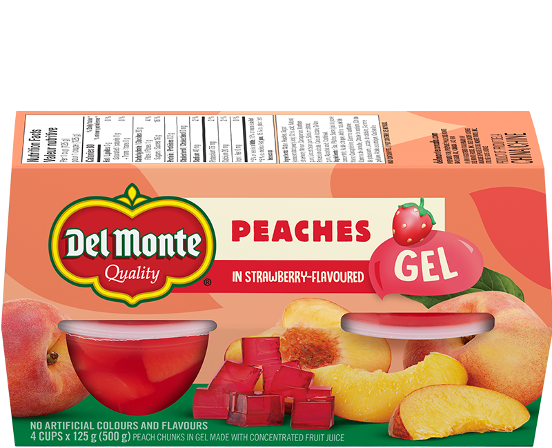 Peaches in strawberry-flavoured gel in 100% fruit juice from concentrate
