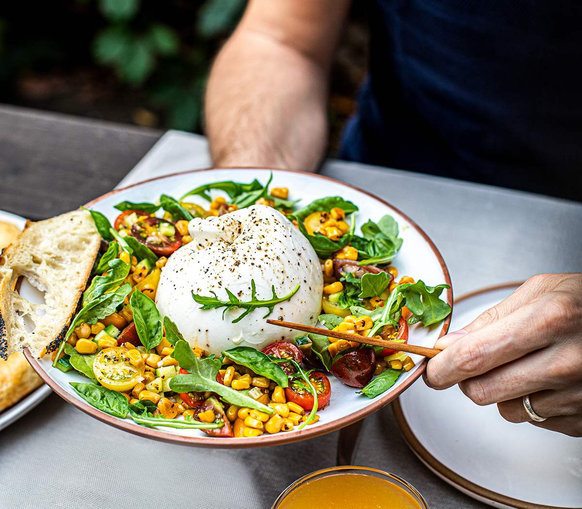 Creamy burrata, grilled corn salsa & pesto