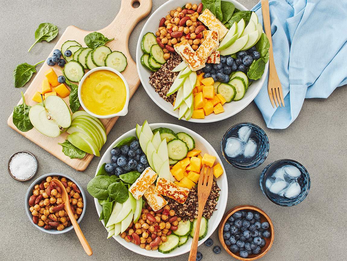 Healing bowl with curry seasoned bean salad