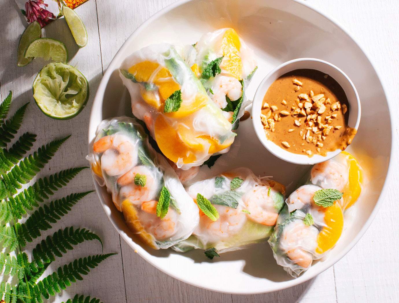 Peach and shrimp summer rolls