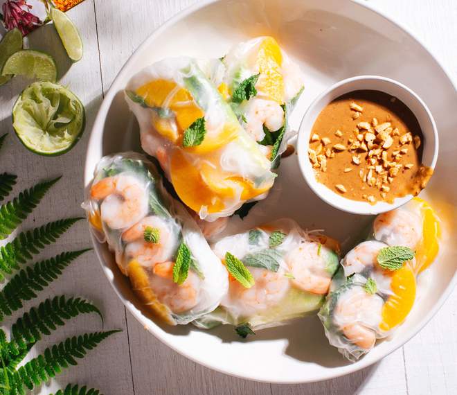 Peach and shrimp summer rolls