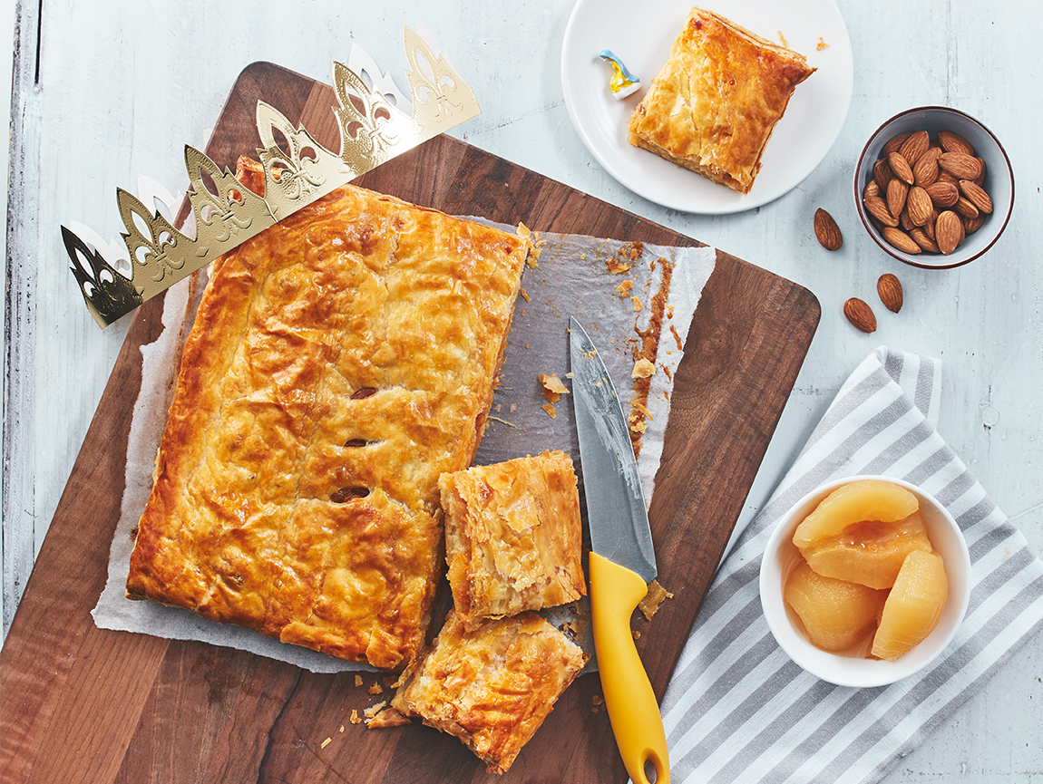 Galette des rois with almond cream, pears and caramel