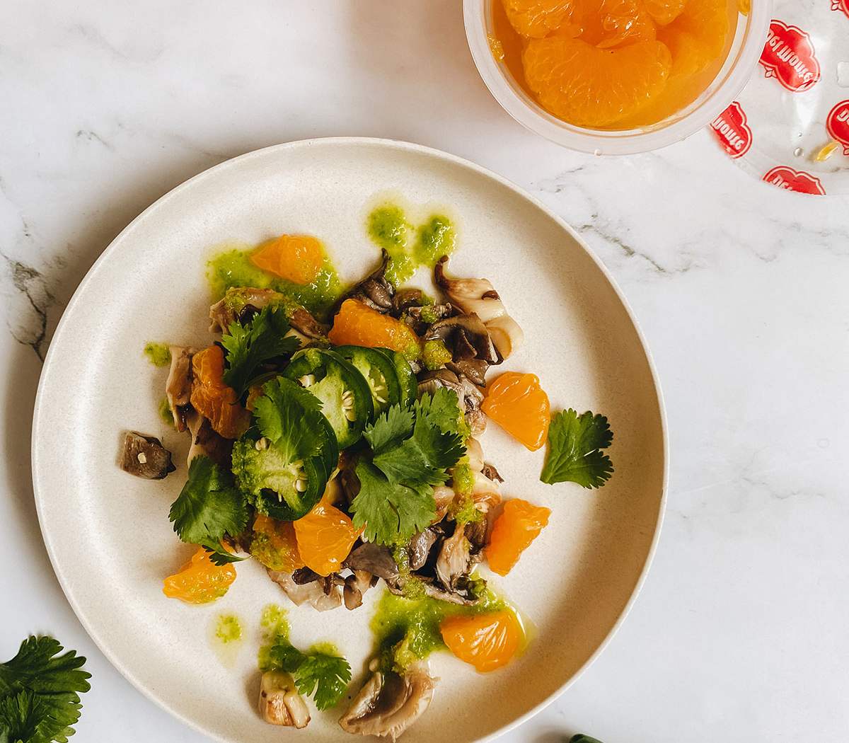 Oyster mushrooms with mandarin, jalapeno oil and fresh coriander