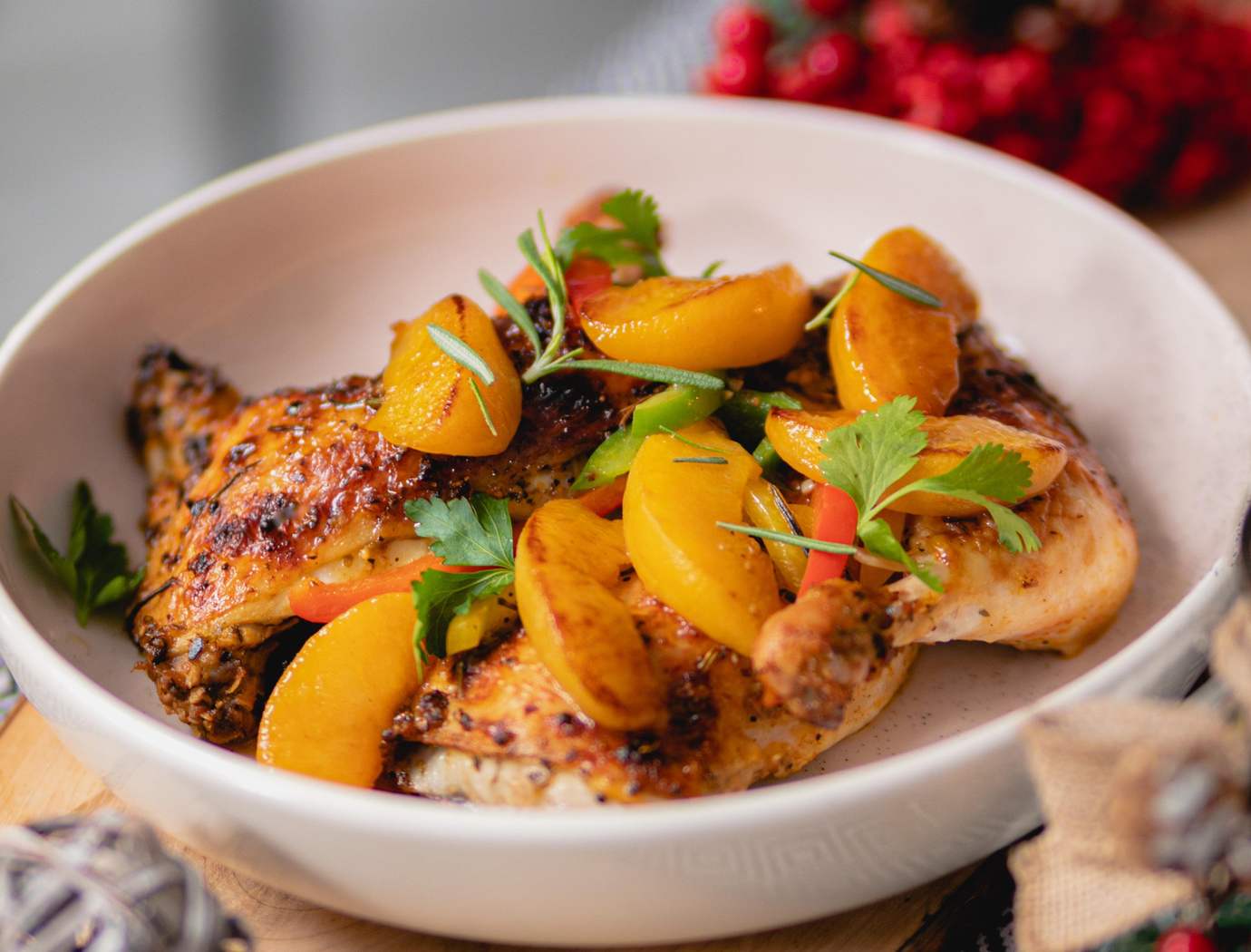 Chicken thighs with peaches and rosemary compote
