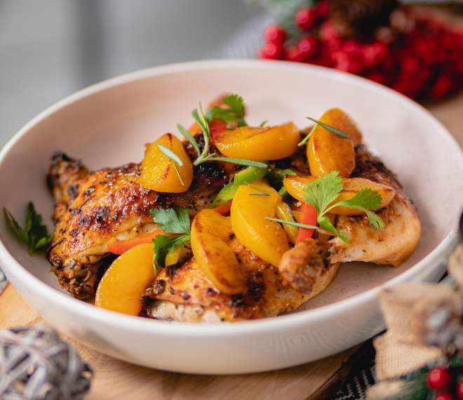 Chicken thighs with peaches and rosemary compote