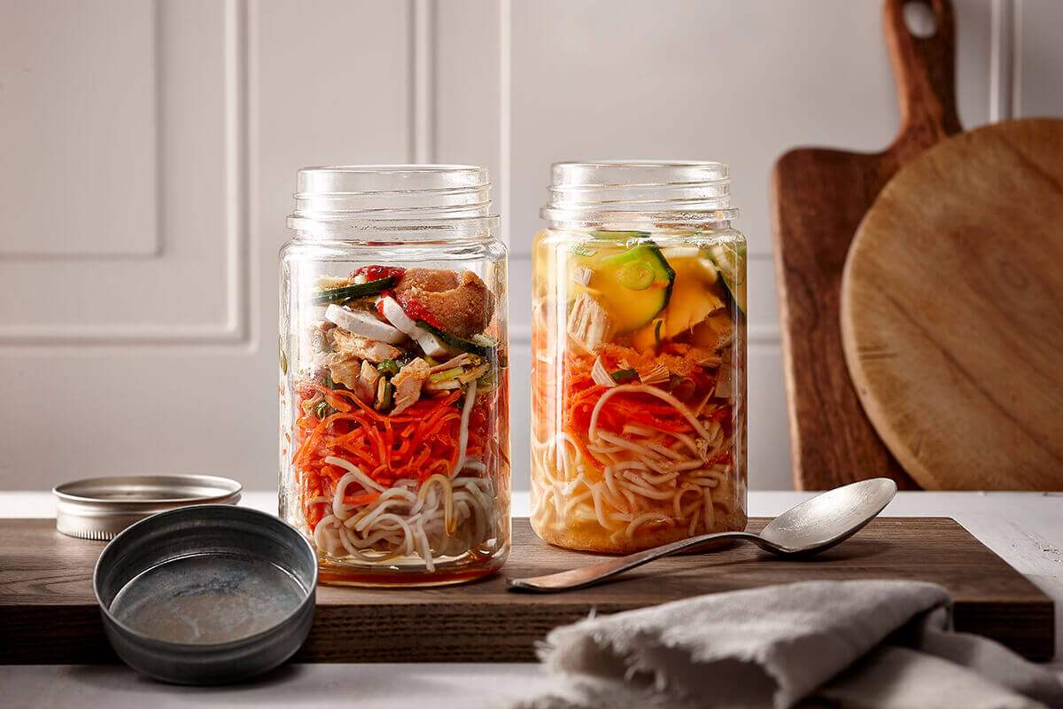 Soup noodles with veggies in a jar