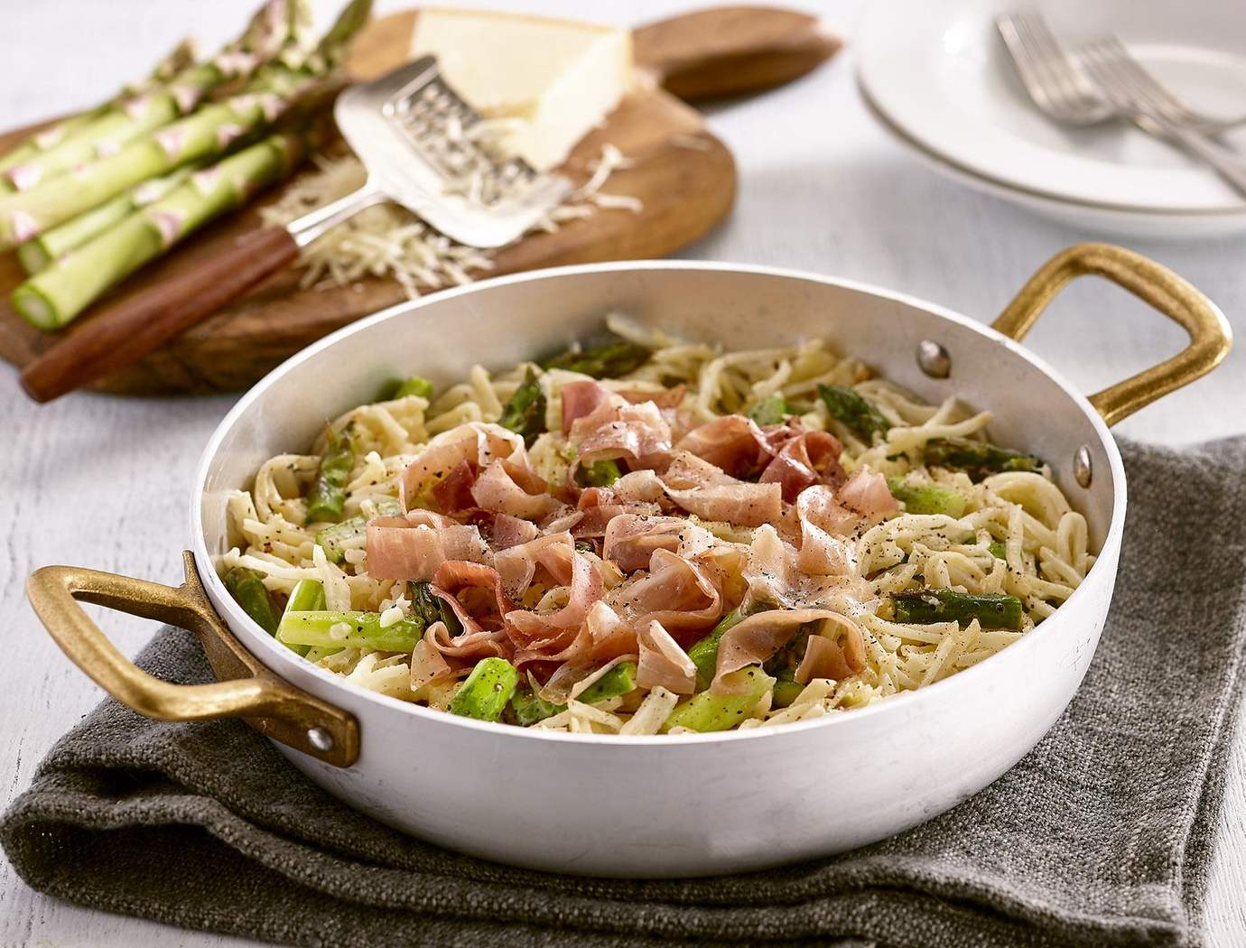 Prosciutto and asparagus celery root spaghetti with Alfredo sauce