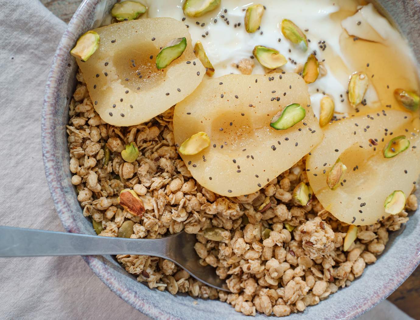 Cinnamon Honey Poached Pear Yogurt Bowls