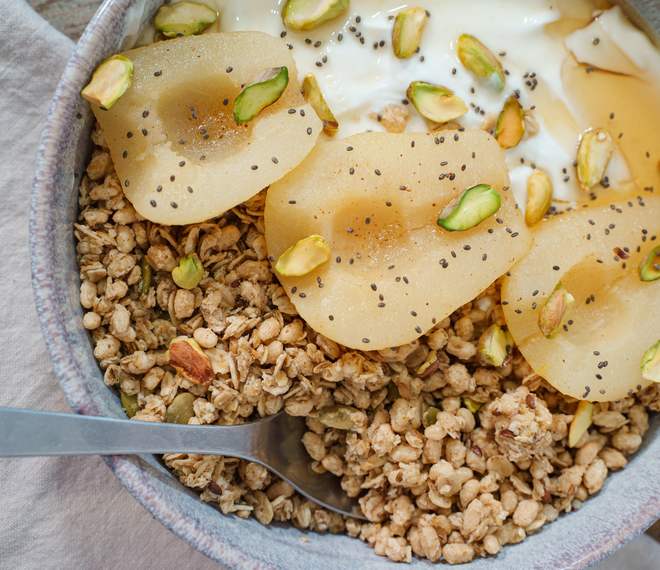 Cinnamon Honey Poached Pear Yogurt Bowls